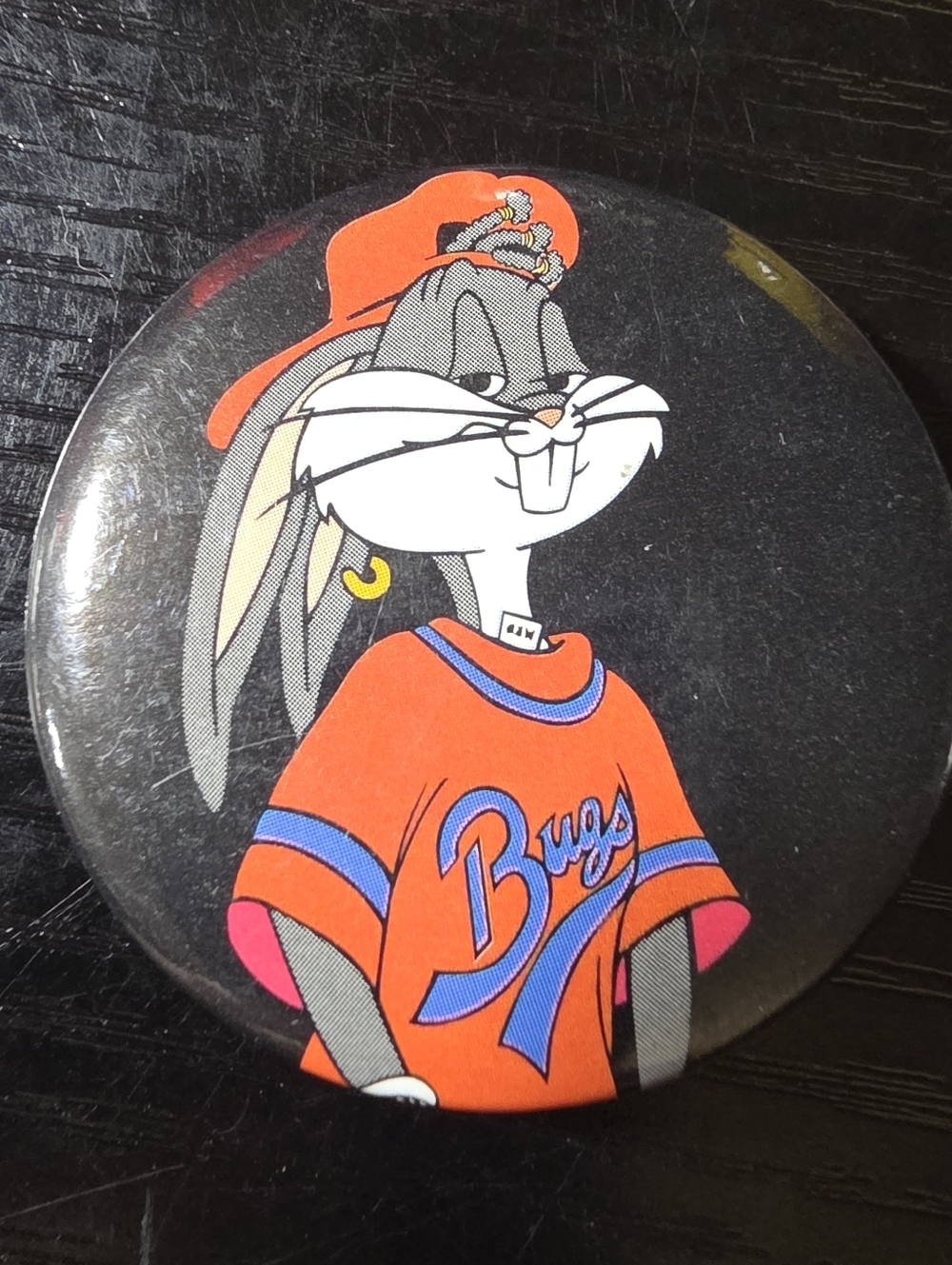 Vintage 1993 Bugs Bunny 1.5" Button Pin Back Orange Shirt Hip Hop Space Jam